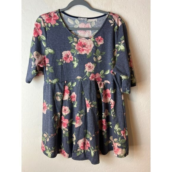 Women La Clef 2X Baby Doll Floral Tunic Blouse Tee Elbow Sleeves - Picture 1 of 6